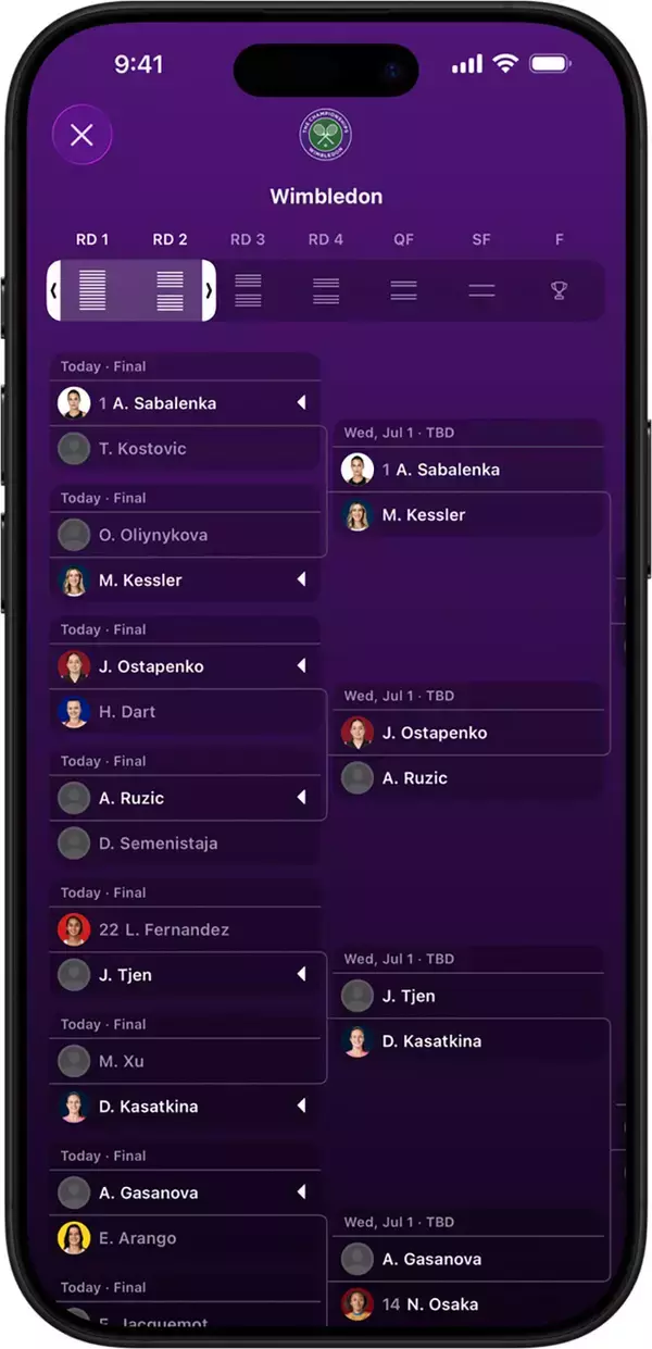 Apple、Apple Sportsにてウィンブルドン選手権に合わせてブラケット表示機能を提供開始