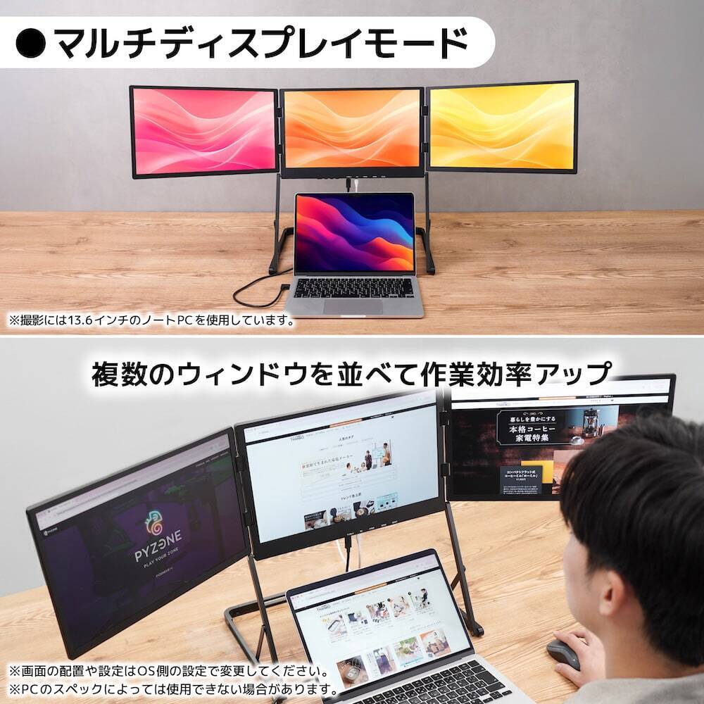 サンコー、折りたたみ式で3つの画面がつながっているディスプレイ「TRMS25CBK」を発売