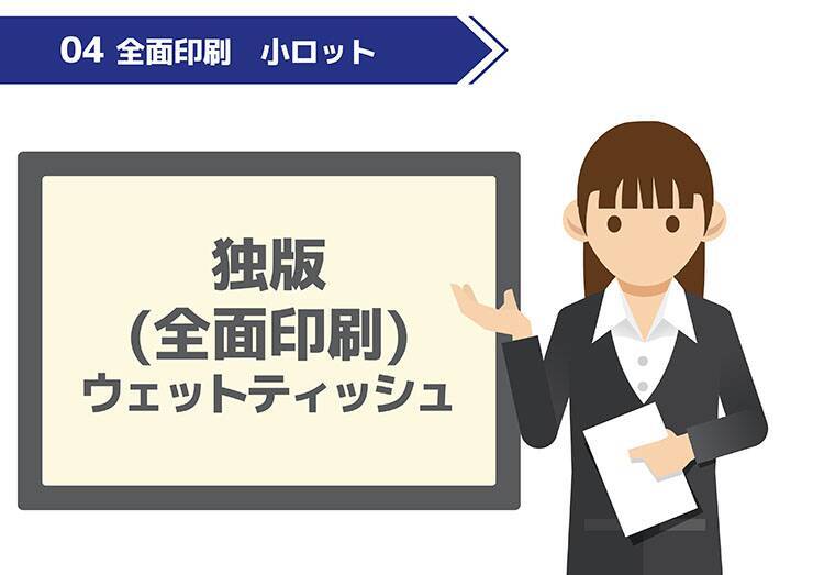 外装フィルムの全面にオリジナルデザインできる「全面印刷ウェットティッシュ」