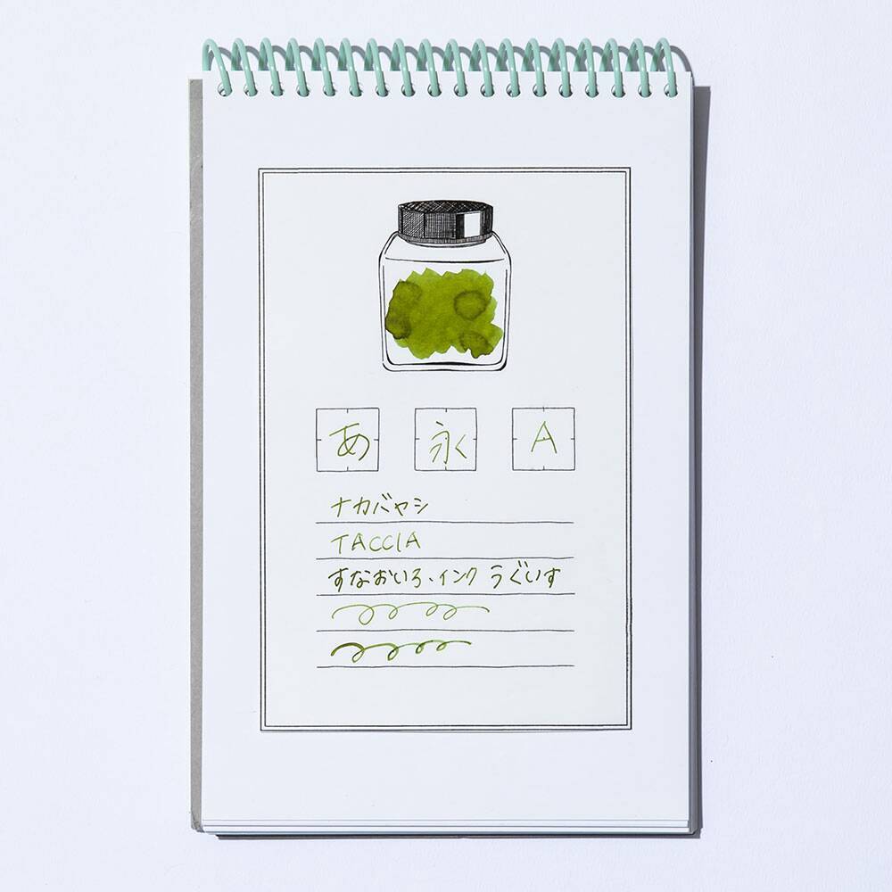 万年筆のインク図鑑＆見本帳 vol.14　ナカバヤシ「TACCIA すなおいろ・インク」鶯【緑色のインク】