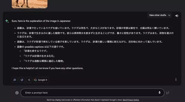 「Google生成AIのBardが画像の使用に対応、写真の内容を解析できるか検証する」の画像
