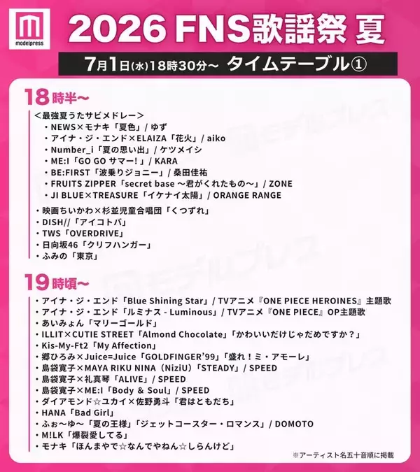 「2026 FNS歌謡祭 夏」タイムテーブル公開