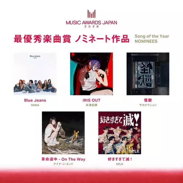 国際音楽賞「MUSIC AWARDS JAPAN」ノミネート発表 主要部門にミセス・HANA ・M!LKなど【各部門5作品一覧】