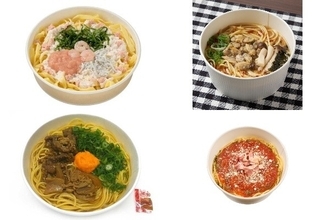 今週新発売のコンビニパスタまとめ!『生パスタ たらこクリーム 海老と大葉とシラス』、『あさりときのこのスープパスタ』など♪