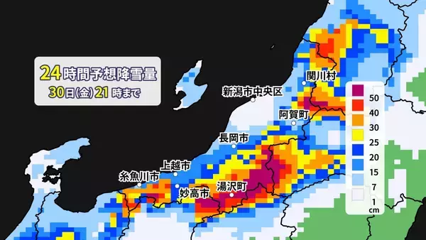 「【大雪情報】30日にかけて山沿い中心に大雪に　平地は吹雪く予想　山沿いで60cm、平地で30cmの降雪予想」の画像