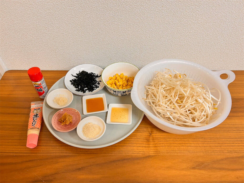 【ラーメンみたいなサラダ】もやし1袋使って「にんにく味噌サラダ」作ってみた！火を使わず5分で完成♪
