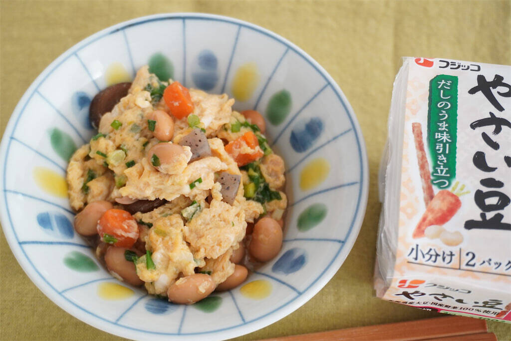 【肉なしでも大満足！】フジッコの「おまめさん」で爆速卵とじ丼作ってみた♪煮汁が甘辛でコスパ最強♡