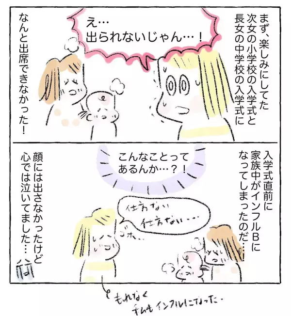 「【嵐の5人育児日記】怒涛の新年度スタート！インフル発症からの入学式欠席に始まり…入院!?【Ayumiの漫画】」の画像