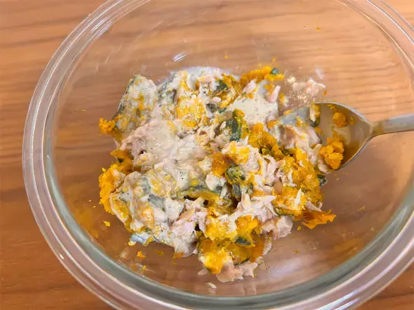 「【かぼちゃはツナマヨに合わせろ！】卵ゴロゴロ「かぼちゃサラダ」作ってみた！オイル活用でしょっぱコク甘♡」の画像