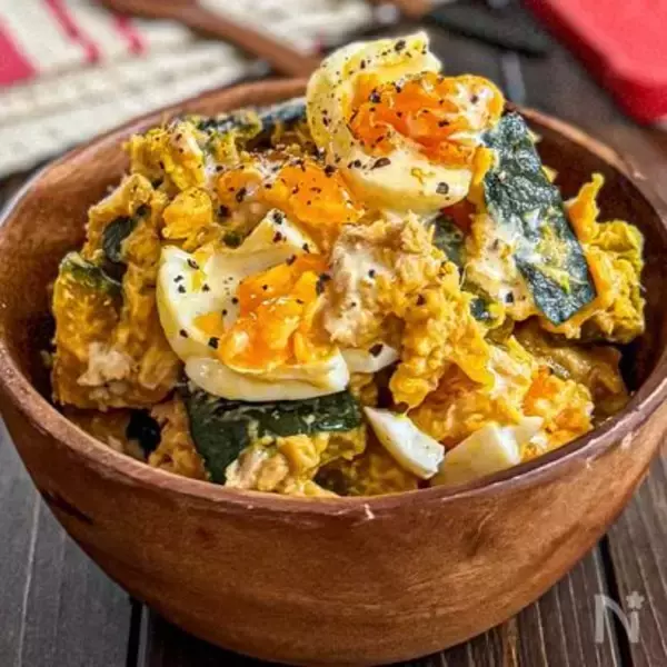 「【かぼちゃはツナマヨに合わせろ！】卵ゴロゴロ「かぼちゃサラダ」作ってみた！オイル活用でしょっぱコク甘♡」の画像