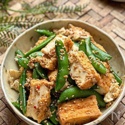 【アップデートゴマ和え】スナップエンドウと厚揚げを「ダブルゴマ」でコク深く和えてみた！豆板醤でピリッ