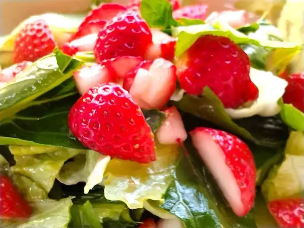 「【いちご大量消費】葉野菜サラダにいちごをオン!?いちごドレッシングもた～っぷりかけて甘酸っぱさ全開のひと皿爆誕」の画像
