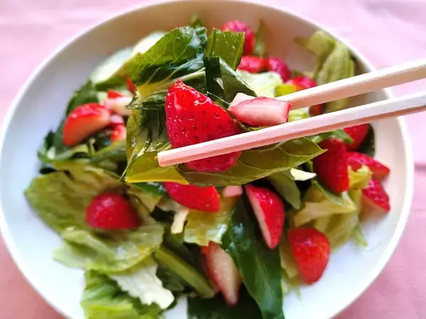 「【いちご大量消費】葉野菜サラダにいちごをオン!?いちごドレッシングもた～っぷりかけて甘酸っぱさ全開のひと皿爆誕」の画像