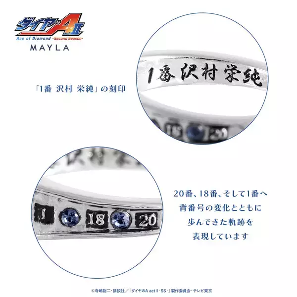 「「ダイヤのA ×MAYLA」リングオブジェが7月3日予約開始！沢村栄純ら青道ナインを宿した全6種が尊い」の画像