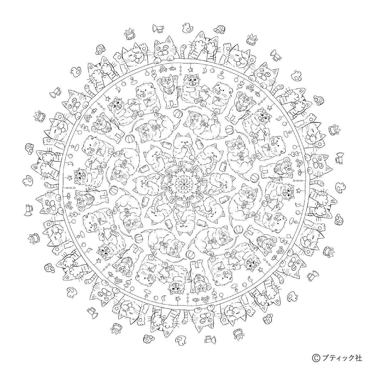 ねこだらけのマンダラぬりえ「Baby cats」