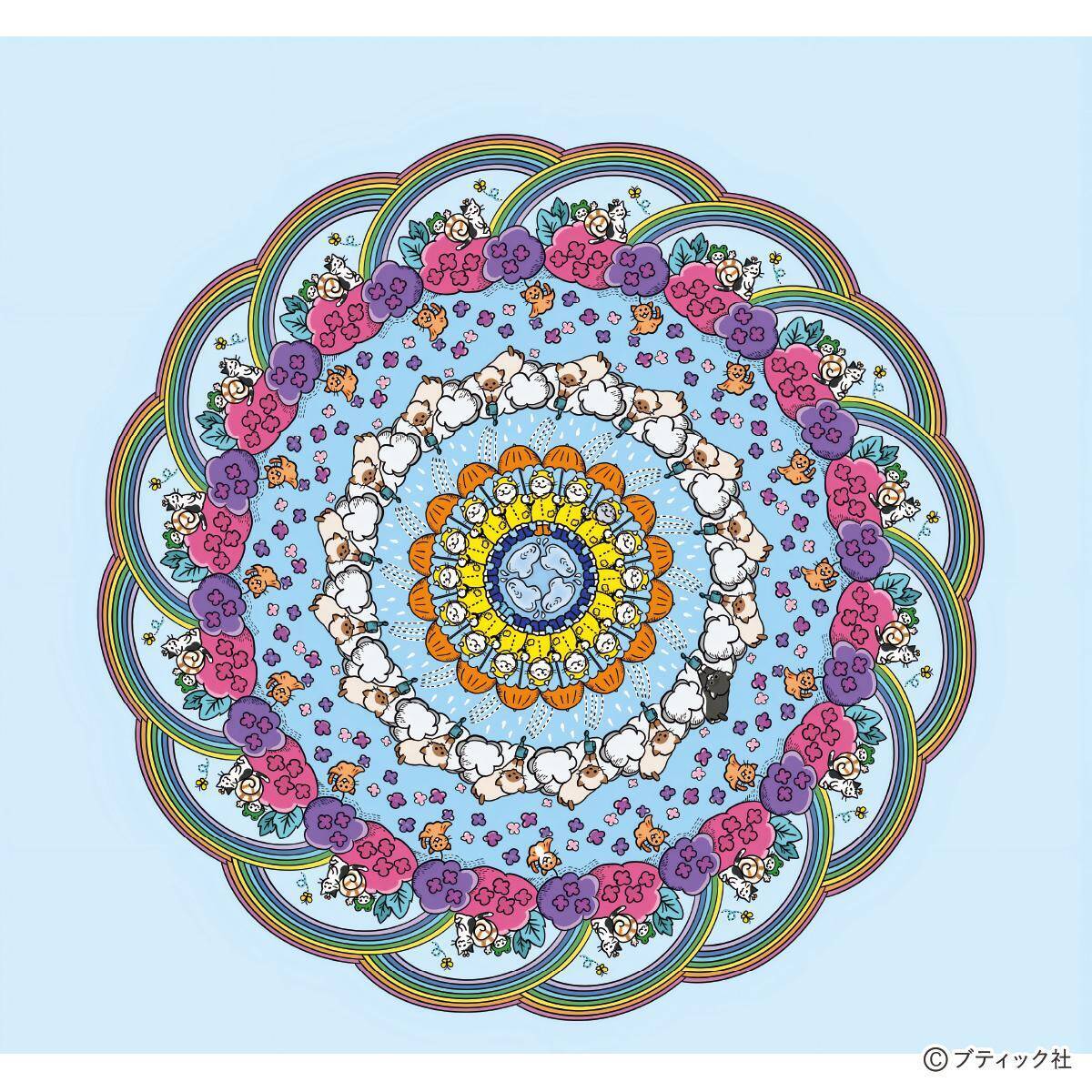 ねこだらけのマンダラぬりえ「雨の日だってHappy」