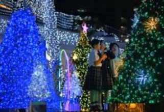 「めっちゃきれい」高校生の声弾む　クリスマスツリーの光、街彩る　那覇市久茂地でイルミネーション点灯