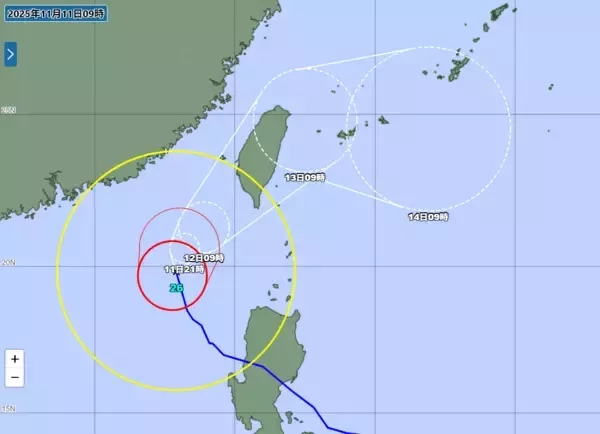 急カーブ台風26号、沖縄接近へ　14日にかけ警報級大雨の恐れ（11日正午現在）