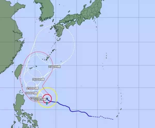 非常に強い台風7号、25日ごろ先島諸島へ接近へ　暴風域を伴い沖縄地方に影響の恐れ（6月22日午前9時現在）