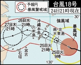 台風18号　きょう昼前には沖縄本島に暴風警報　瞬間風速60メートルの恐れ