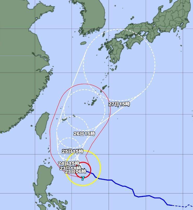 非常に強い台風7号、25日に先島諸島へ　26日以降は沖縄本島に接近か（22日午後6時現在）