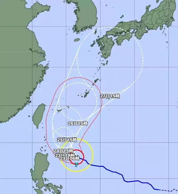 「非常に強い台風7号、25日に先島諸島へ　26日以降は沖縄本島に接近か（22日午後6時現在）」の画像