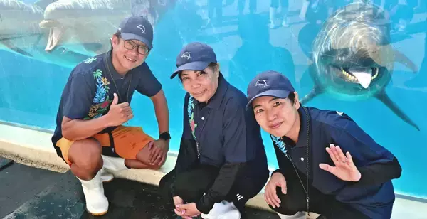 沖縄美ら海水族館でイルカトレーナーに挑戦！　人気のご長寿「オキちゃん」と同年代の3人　「一生の思い出です」