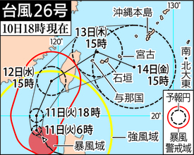 【台風26号】警報級大雨の恐れ　11日から沖縄本島と先島　13日ごろ先島に接近へ