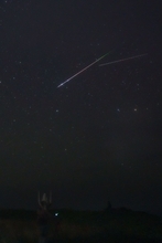 虹色に輝くペルセウス座流星群　辺戸岬の満天の星空を流れ星が駆ける