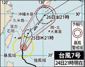 台風7号、宮古島に直撃の恐れ　25日に暴風警報が発表予定　沖縄本島は25日夜にも【進路図と予想接近時間】