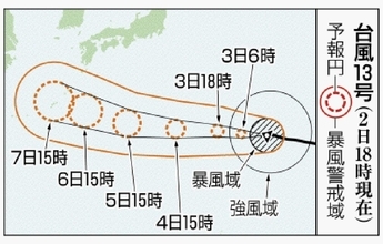 非常に強い台風13号　沖縄本島地方、8月6日夜にも暴風の恐れ　熊本の被災地にも影響か
