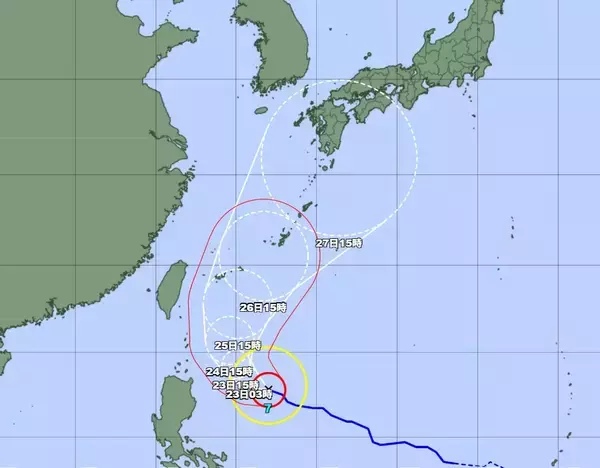 非常に強い台風7号北上、沖縄地方を直撃コースか（6月22日午後3時現在）