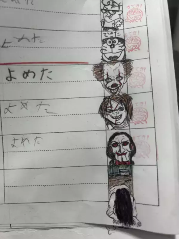 音読カードの保護者サイン欄が“異常事態”に　ジョーカーや貞子、“G”まで登場「先生も毎日楽しみにしてるんです」