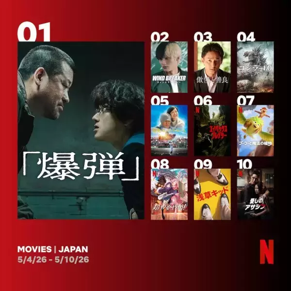 Netflix週間視聴ランキング（映画）：『爆弾』6週連続1位　『ゴジラ-1.0』『プークーと魔法の植物』『愛しのアサシン』がランクイン【5/4/26 - 5/10/26】
