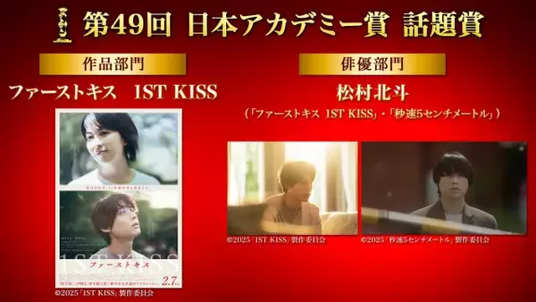 『日本アカデミー賞』話題賞に『ファーストキス1ST KISS』　俳優部門は松村北斗が受賞