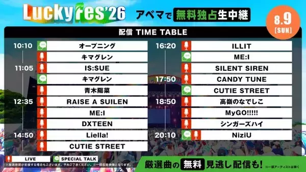 『LuckyFes'26』2日目！きょう8月9日の配信タイムテーブル　NiziU、ILLIT、CANDY TUNEらをABEMAで無料生中継