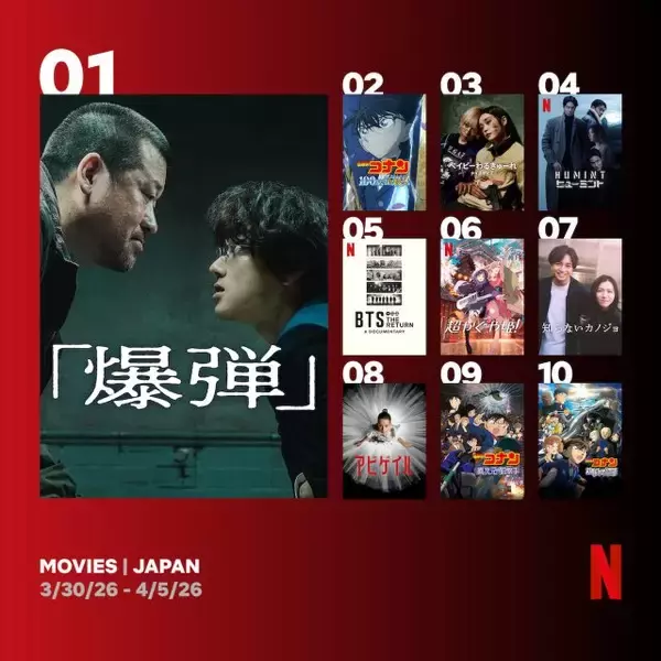 Netflix週間視聴ランキング（映画）：『爆弾』初登場1位、劇場版『名探偵コナン』3作品がランクイン、『HUMINT/ヒューミント』は4位に【3/30/26 - 4/5/26】