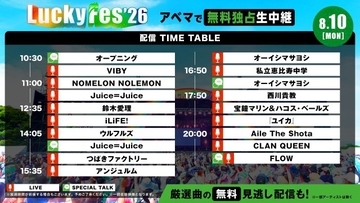 『LuckyFes'26』3日目！きょう8月10日の配信タイムテーブル　Juice=Juice、鈴木愛理、ウルフルズ、西川貴教ら登場