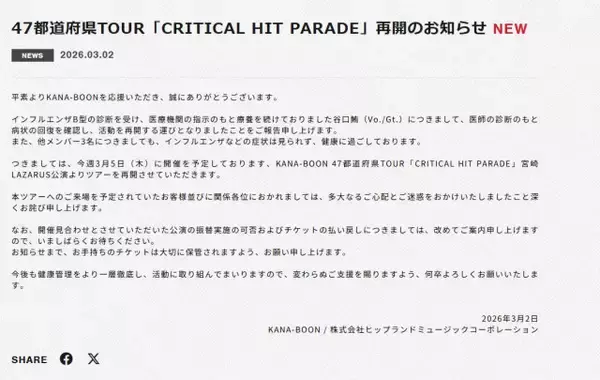 KANA-BOON、3・5よりライブ活動を再開へ　メンバーの谷口鮪について「病状の回復を確認」