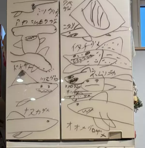 母が寝込んでいる間に冷蔵庫が“サメだらけ”に…8歳息子が描いたアート「どうにかして永久保存出来ないものか」