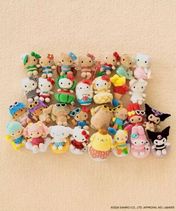 LOWRYS FARM×サンリオキャラクターズに全30種のぬいキーホルダーが登場　ポムポムプリン・ウサハナらの水着＆日焼け姿も
