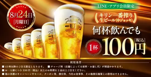 【きょう開催】白木屋・魚民などで「生ビール1杯100円」セール　何杯でもOK