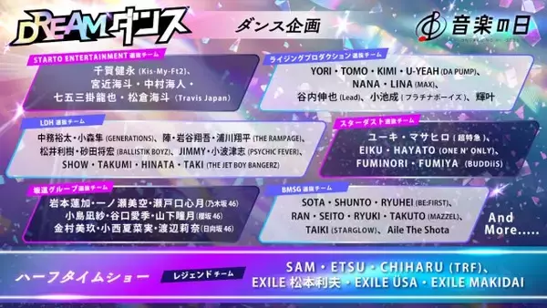 『音楽の日』ダンス企画「DREAM ダンス」開催決定　各事務所の精鋭が集結…LDH、坂道、スターダスト、STARTO、BMSG、ライジングなど【出演者一覧】