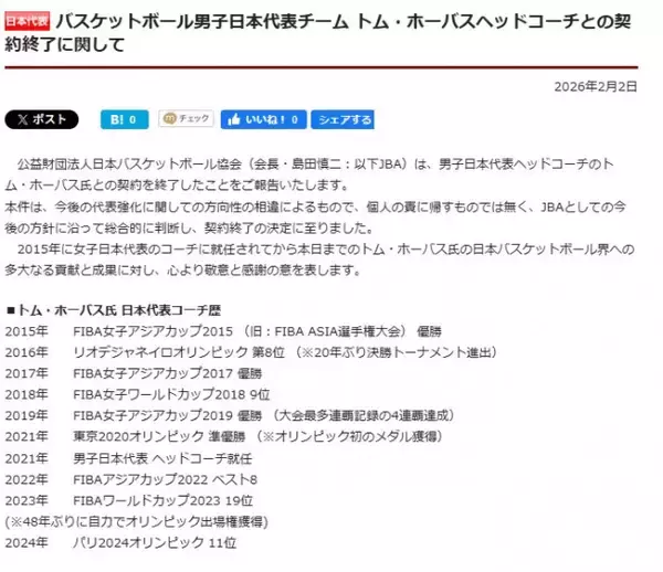 日本バスケ協会、男子日本代表監督のトム・ホーバス氏の契約終了を発表＆理由も説明　「私の旅がここで終わりを迎えた」【コメント全文】