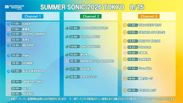 サマソニ2日目！きょう8月15日の配信タイムテーブルをチェック　HANA、BE:FIRST、羊文学、サカナクション、中島健人ら登場