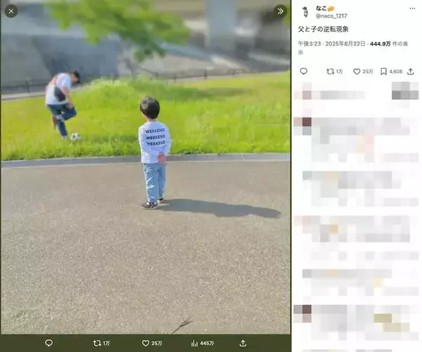 「逆、逆〜！晴れた日の公園で遊ぶ父と息子の”逆転現象”が微笑ましくなる」の画像