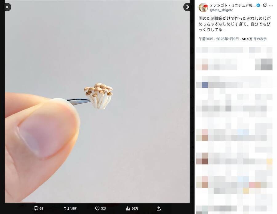 刺繍糸を固めたら「ぶなしめじ」になった　リアルすぎる立体作品が話題