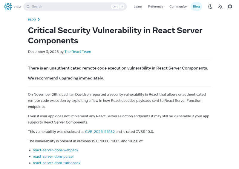 Reactに「CVSS 10.0（最高）」の脆弱性　IPAが注意喚起
