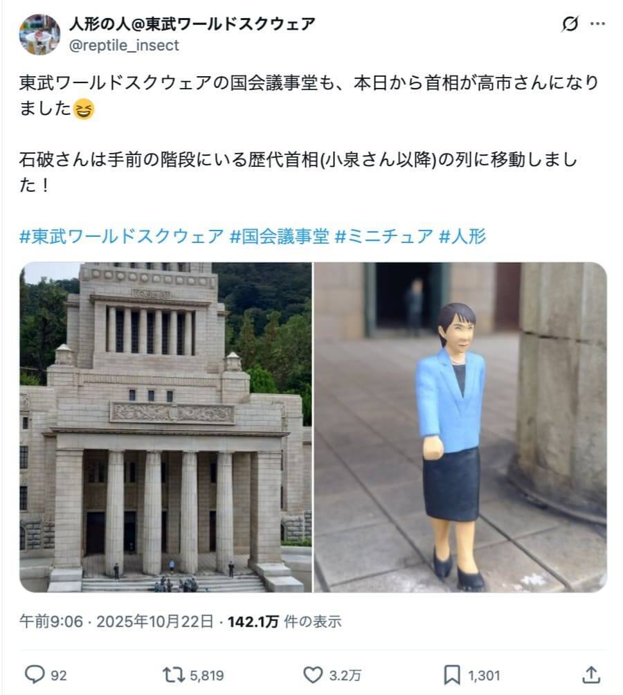 身長7cmの高市首相が国会議事堂に！東武ワールドスクウェアの小ネタが話題