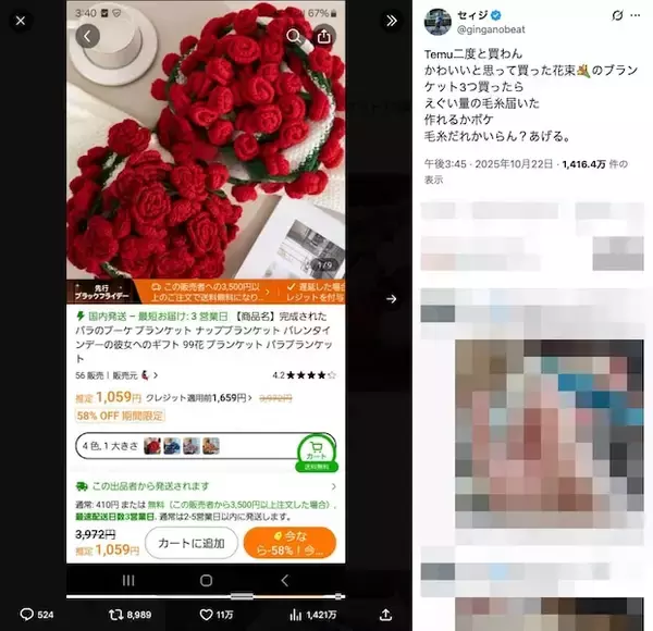 「越境ECでブランケット買ったら“毛糸の山”届いた　怒りのXユーザー「だるいけど編んだるわボケ」」の画像